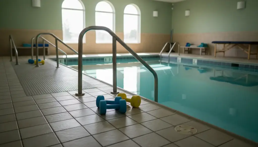 Warm-water therapy pool with a ramp entry and steel handrails