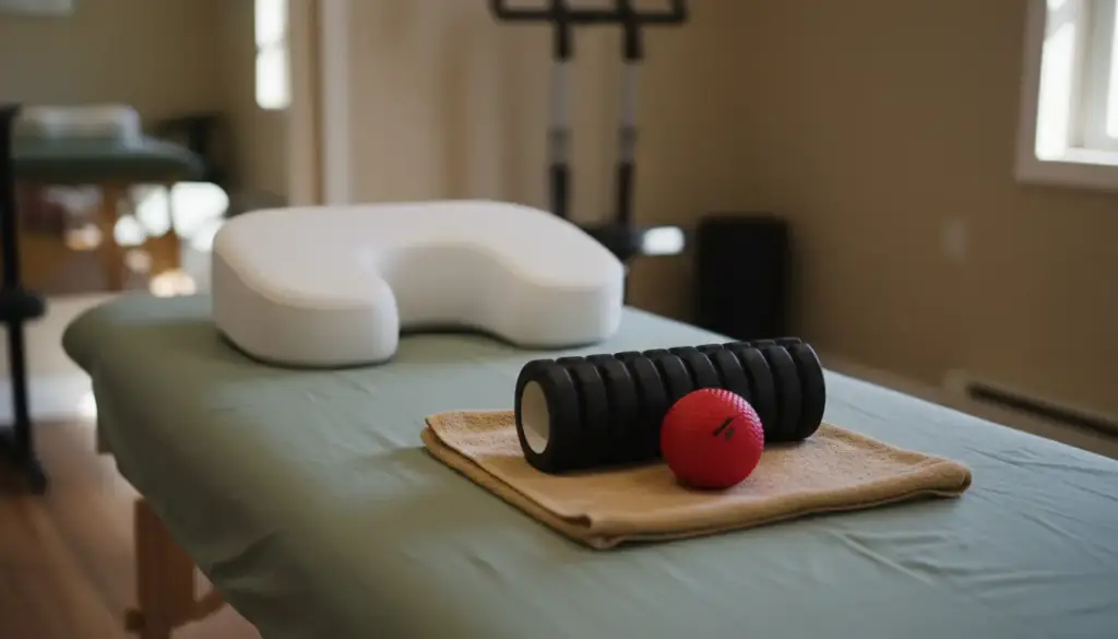 Treatment table with a cervical support pillow, a foam roller and a massage ball