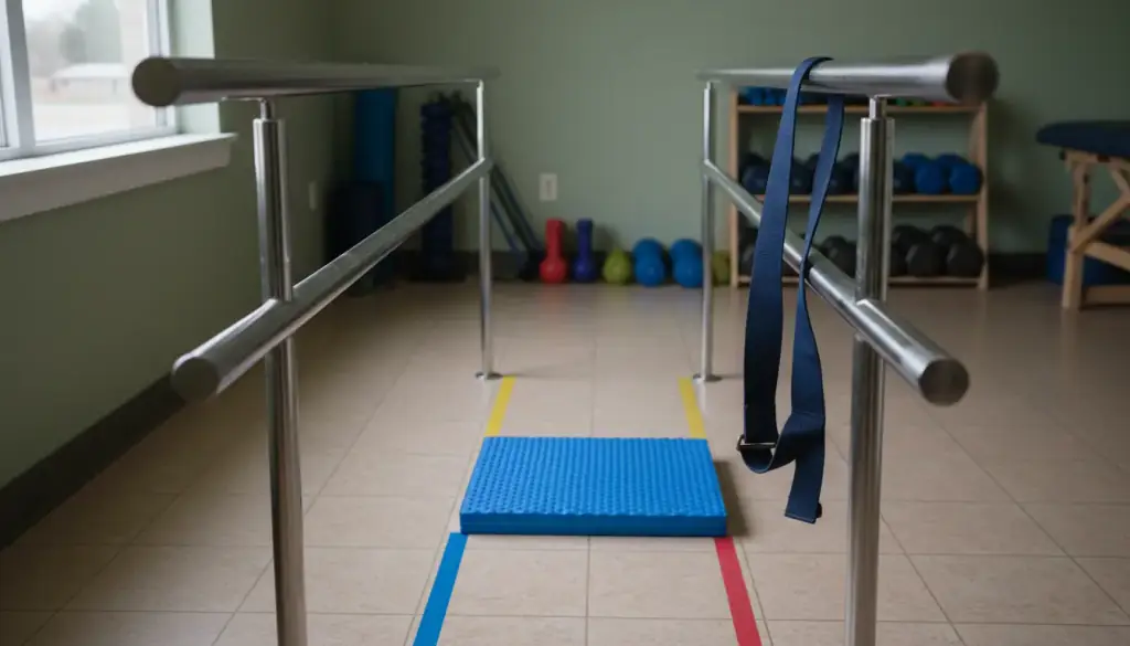 Parallel walking bars over a foam balance pad and straight floor tape lines