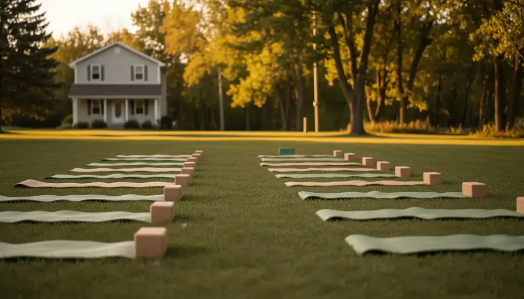 Exercise mats and foam blocks laid in rows on a mown lawn in evening light