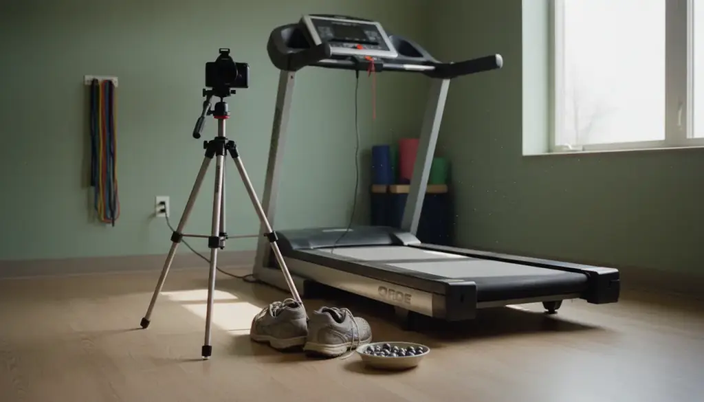 A treadmill with a video camera on a tripod aimed at the belt
