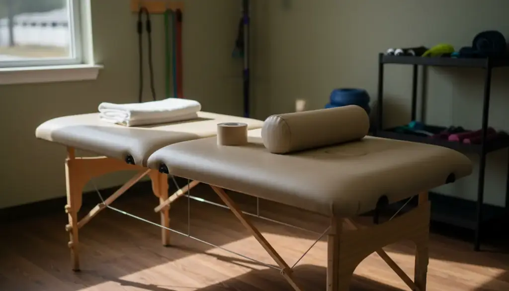 Padded treatment table with a folded towel and a roll of kinesiology tape
