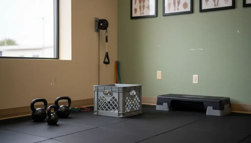 Work-conditioning corner with a lifting crate, kettlebells and a step platform on rubber flooring